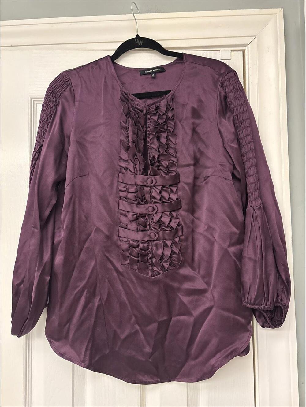 NANETTE LEPORE-Purple Ruffled Satin Long Sleeve Blouse. Size 10. Fall Work Top